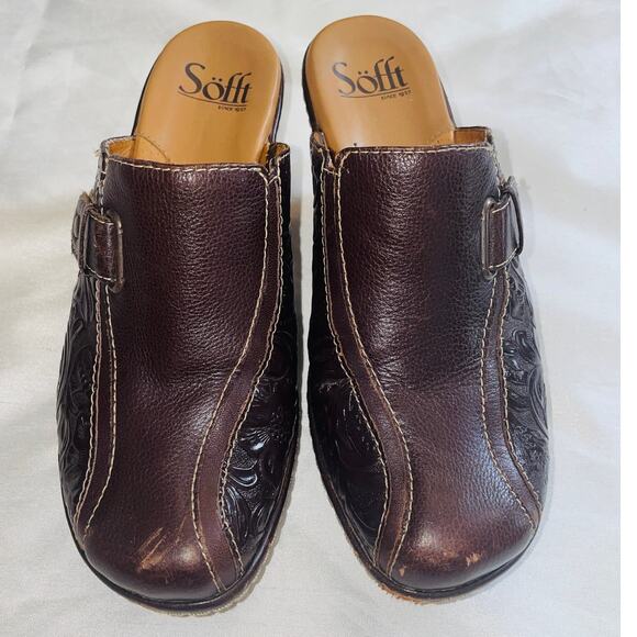 Sofft Tooled Leather Mules - Women's Size 6 M - Comfort Clogs w/ Floral‎ Design - Picture 2 of 10